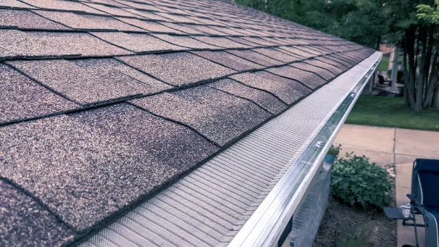 Stainless steel micro-mesh gutter guard installed along a shingle roof edge